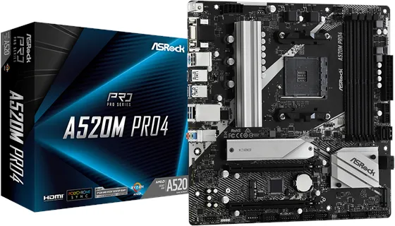 ASRock A520M Pro4 Moderkort - AMD A520 - AMD AM4 - DDR4 RAM - Micro-ATX
